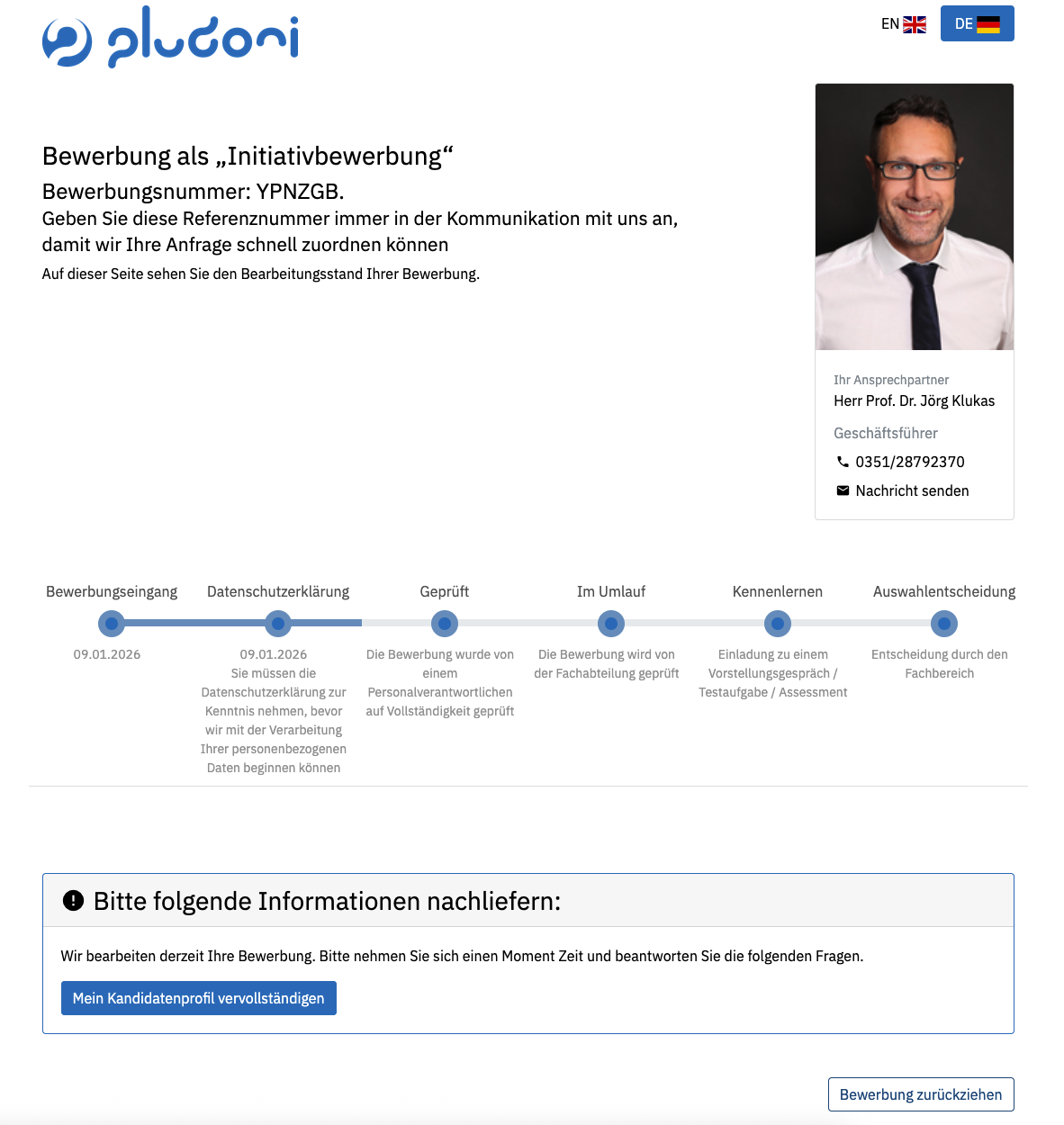 Bewerber-Statusseite